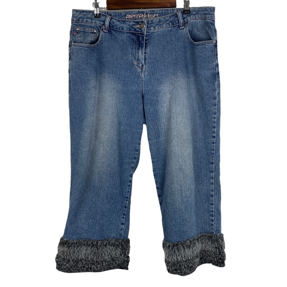 Americana Blues Faux Fur Hem High Rise Stretch‎ Capris Women's 18 Light Blue